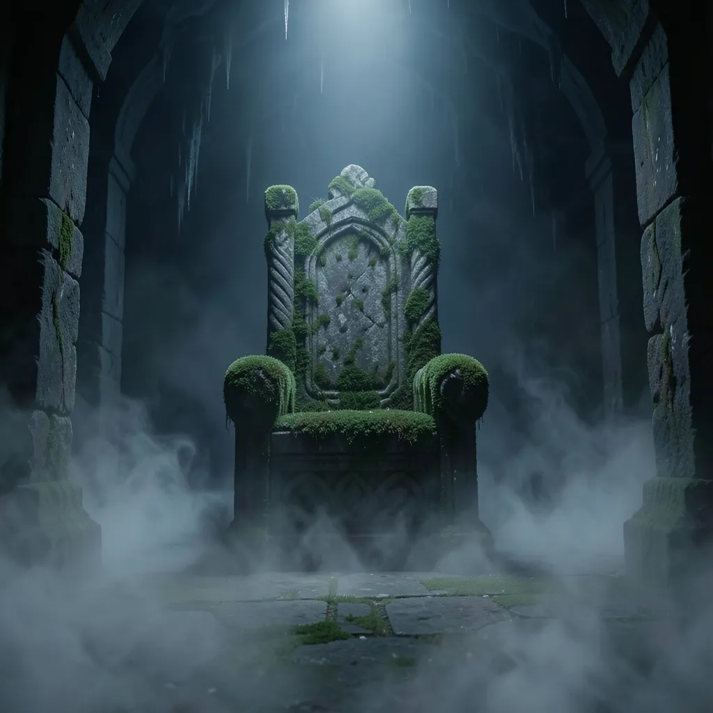 The Razor’s Edge of Magha: Ancestral Karma & Ketu Solitary throne carved from ancient stone overgrown with dark velvet moss — The Razor’s Edge of Magha