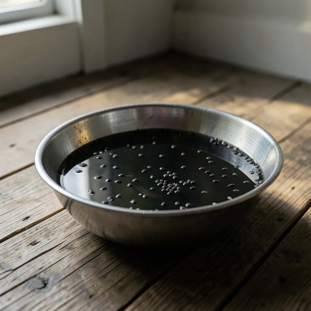 Ketu in Magha: Releasing Ancestral Karmic Debt Solitary silver bowl filled with dark water and black sesame seeds resting on a rustic wooden — When the Past Won't Let Go
