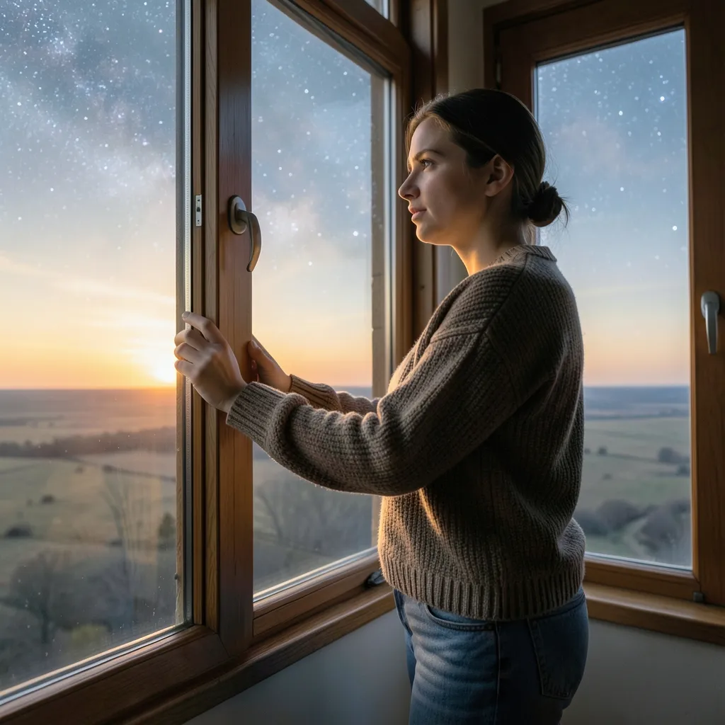 क्या भाग्य सिर्फ सितारों का खेल है? फ्री विल और ज्योतिष Thoughtful person looking out a window at a starry night sky merging — क्या 'भाग्य' सिर्फ सितारों का खेल है?