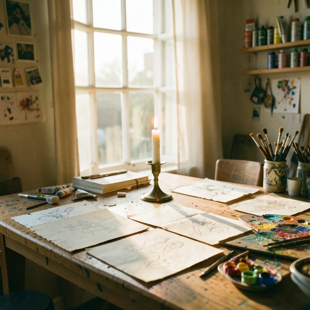 Feeling the Leo Heat? Don't Burn Out Sun-drenched aesthetic shot of a messy but beautiful artist's desk with scattered — Feeling the Leo Heat? Don't Burn Out!