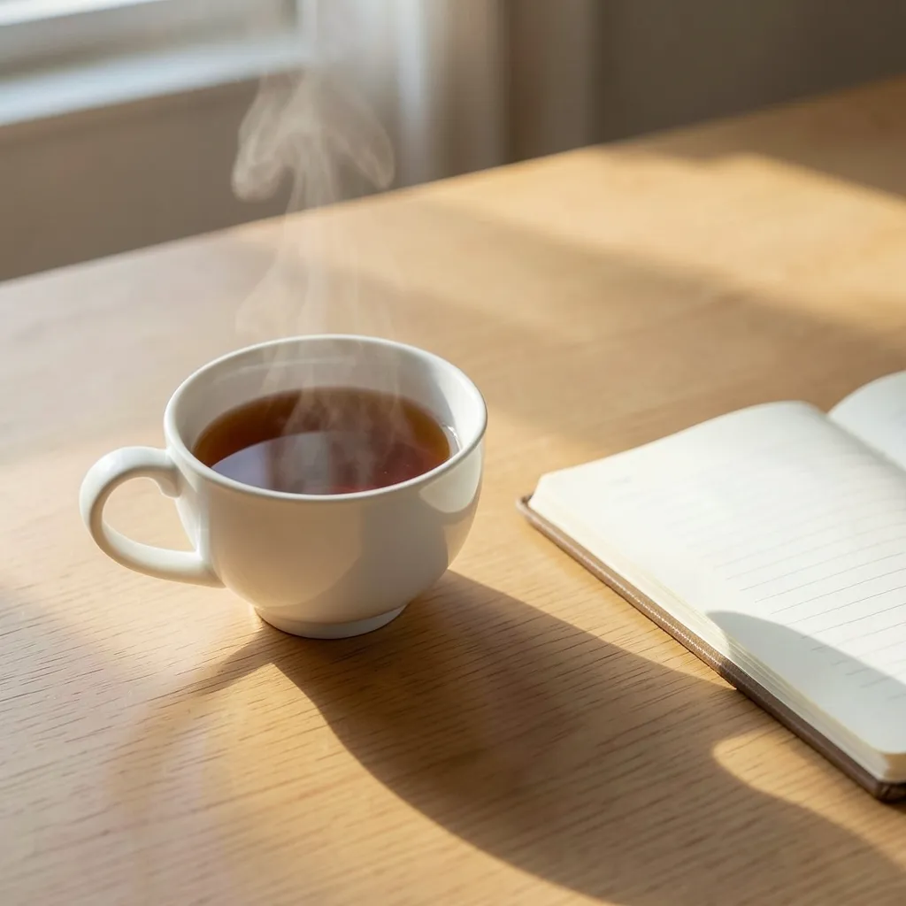 Libra Moon Mood Check: How to Stop Overthinking Cup of tea and an open notebook on a clean wooden desk, soft morning sunlight casting gentle shadows — Libra Moon mood check