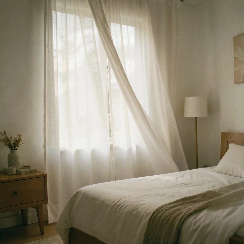 Grounding the Restless Libra Moon and Swati Energy Minimalist minimalist bedroom with sheer white linen curtains blowing softly — The Libra Moon: Seeking Balance in the Noise