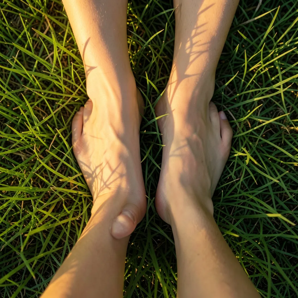 Grounding Tips for Mula Nakshatra Moon Energy Cinematic flat lay of bare feet touching lush green grass at golden hour — Feeling the pressure? Manage your Moon today.