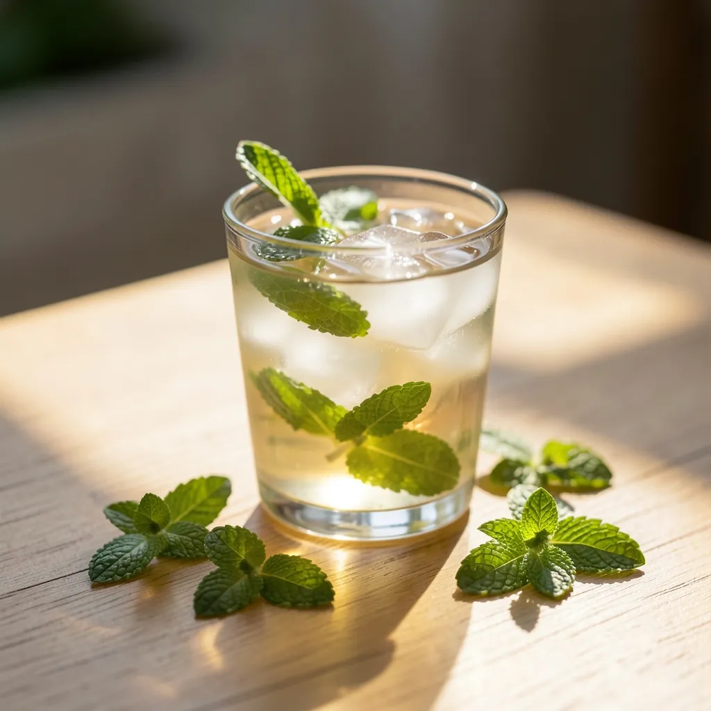 Managing Pitta Heat: Sun in Leo Ayurveda Tips Warm golden sunlight filtering through mint leaves in a glass of iced herbal tea — Sun in Leo: Managing Your Internal Fire