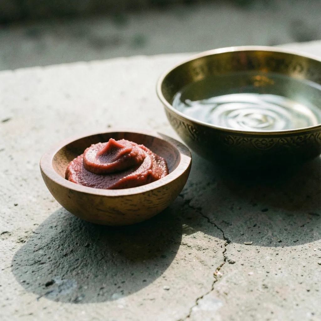 Navigating the Mars and Jupiter Transit in Cancer Small wooden bowl containing red sandalwood paste next to a brass bowl of water — Feeling the Mars-Jupiter squeeze?