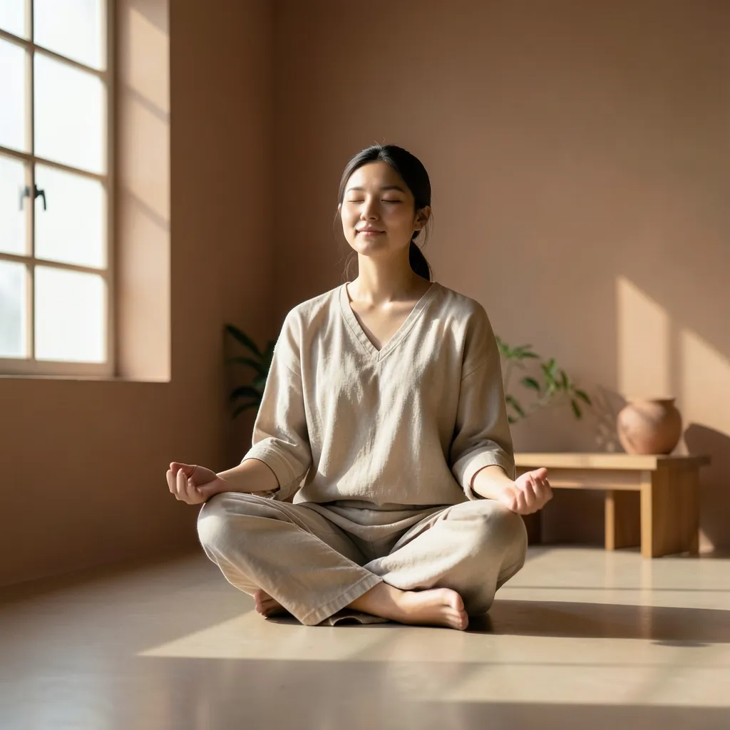मन की शांति के लिए वैदिक उपाय Person meditating in a quiet, sunlit room with soft shadows, earthy tones, zen atmosphere — मन की शांति और ग्रहों का प्रभाव
