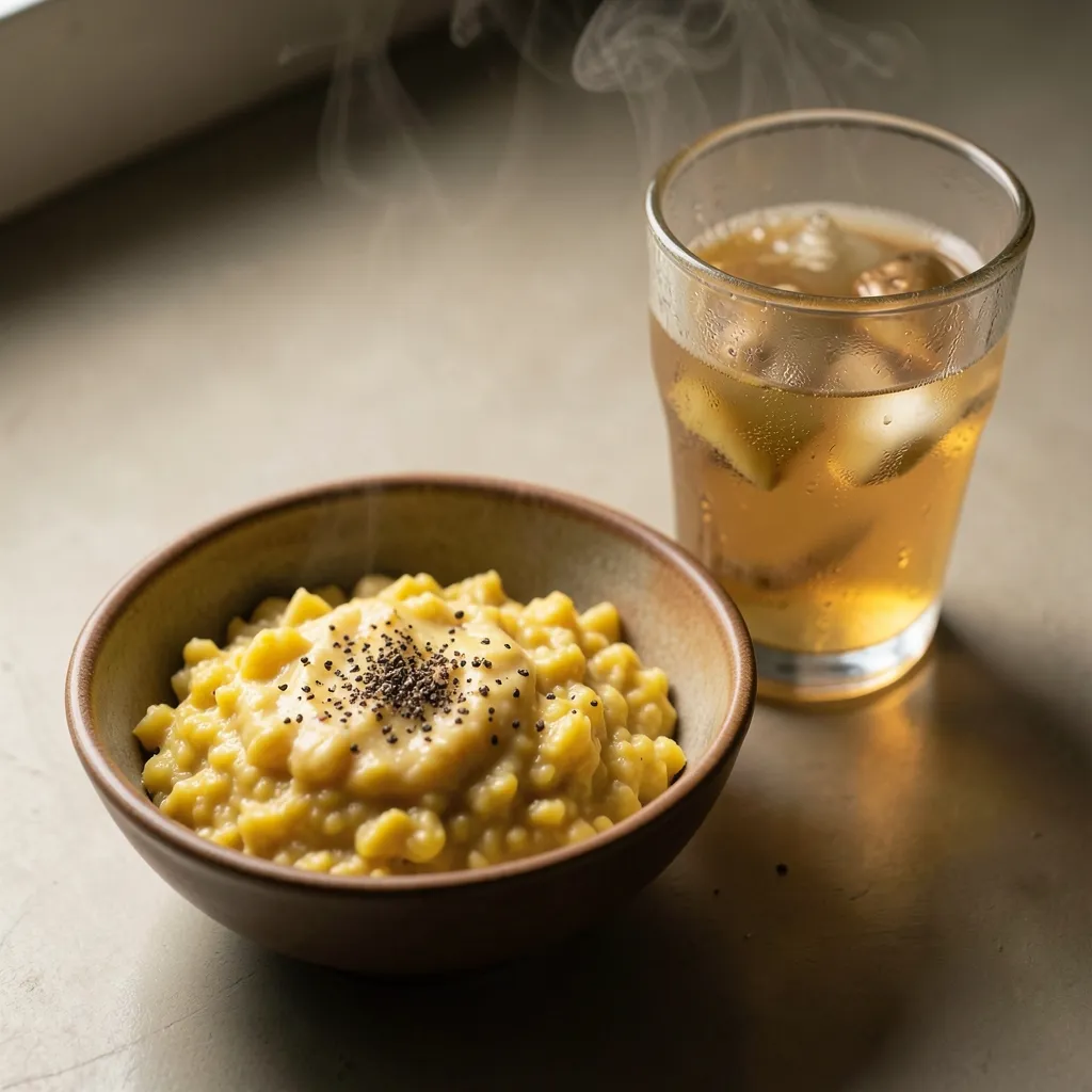 Beat Monsoon Sluggishness: Simple Digestive Tips High-angle shot of a warm ceramic bowl of yellow khichdi with a dusting of black pepper — Beat the Monsoon Sluggishness