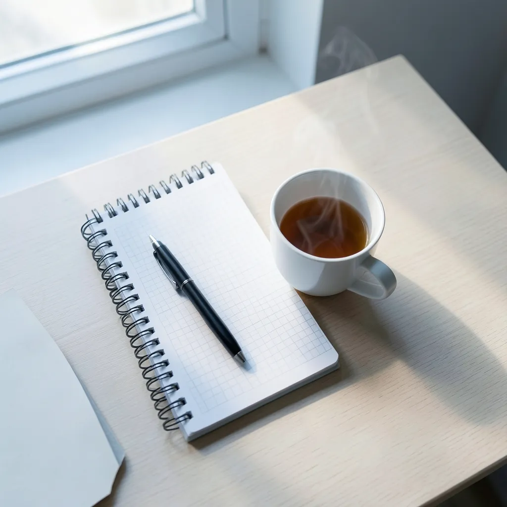 Why Your Brain Won't Shut Off During Gemini Moon Minimalist flat lay of a messy desk with a notebook, pen, and a cup of tea — Moon in Gemini: Keep Your Head Clear