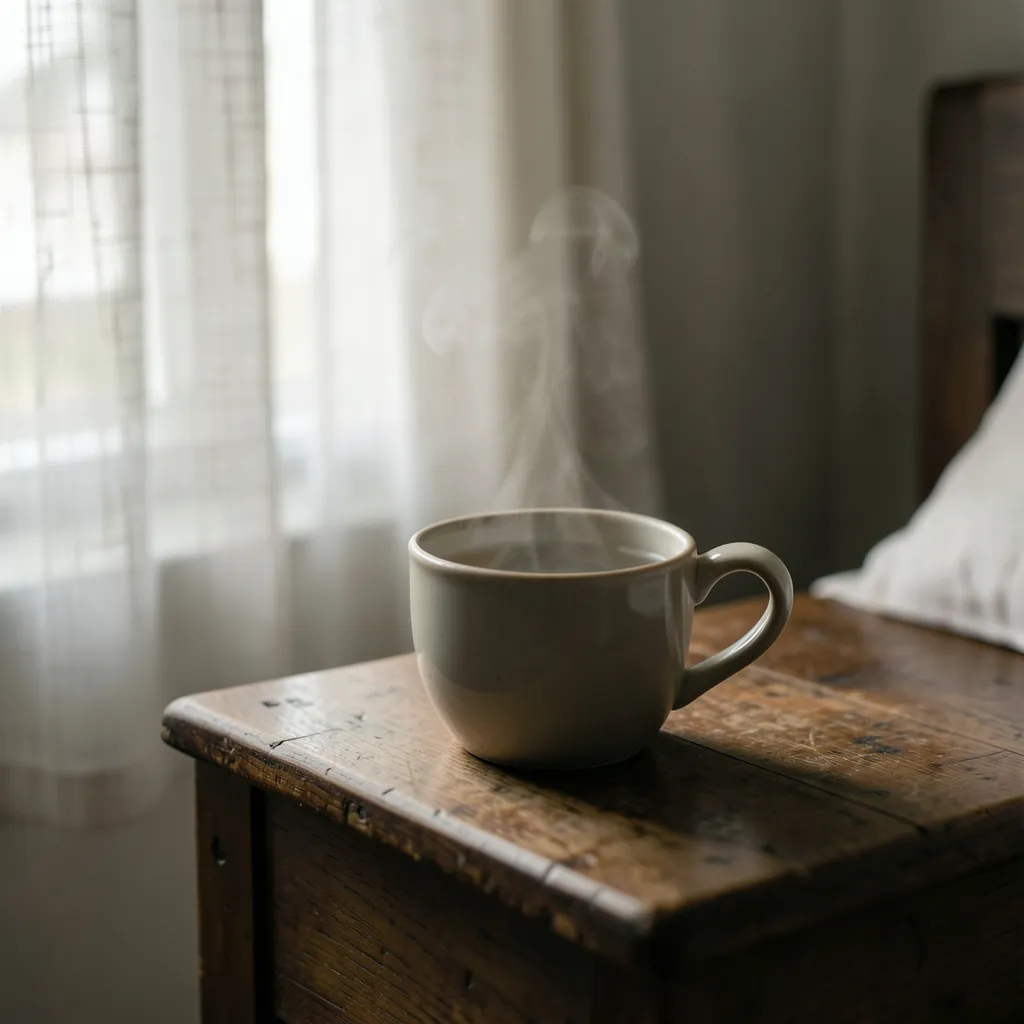 Grounding Through the Moon in Pushya Transit Warm ceramic cup of water on a wooden nightstand — Handling the Moon in Pushya