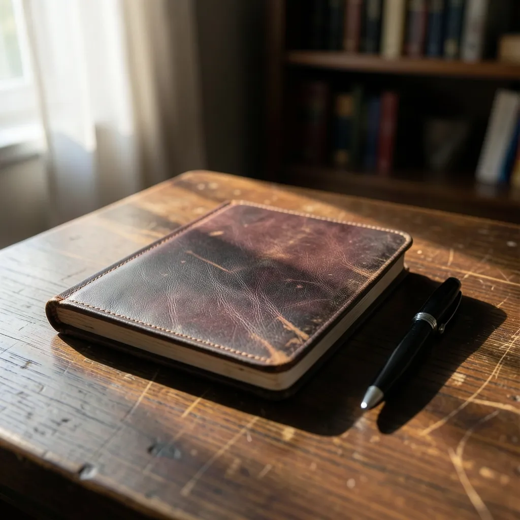 Moon in Sagittarius: Big Picture Planning & Focus Tips Cinematic flat lay of a leather notebook and pen on a dark wooden desk — Moon in Sagittarius: A Reality Check