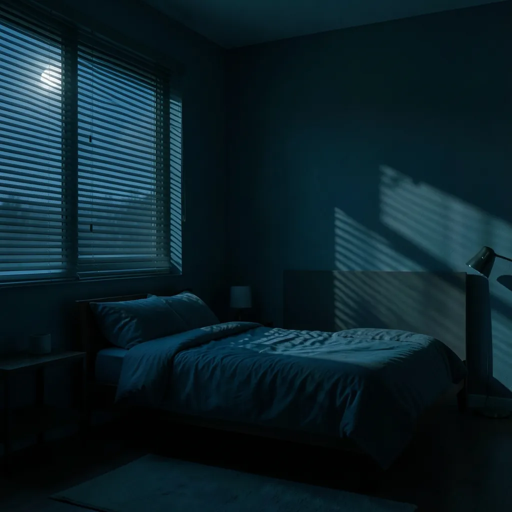 वृश्चिक चंद्रमा का प्रभाव और मन की बेचैनी Moody minimalist bedroom at night, soft moonlight casting shadows through window blinds — वृश्चिक का चंद्रमा और आपकी बेचैनी
