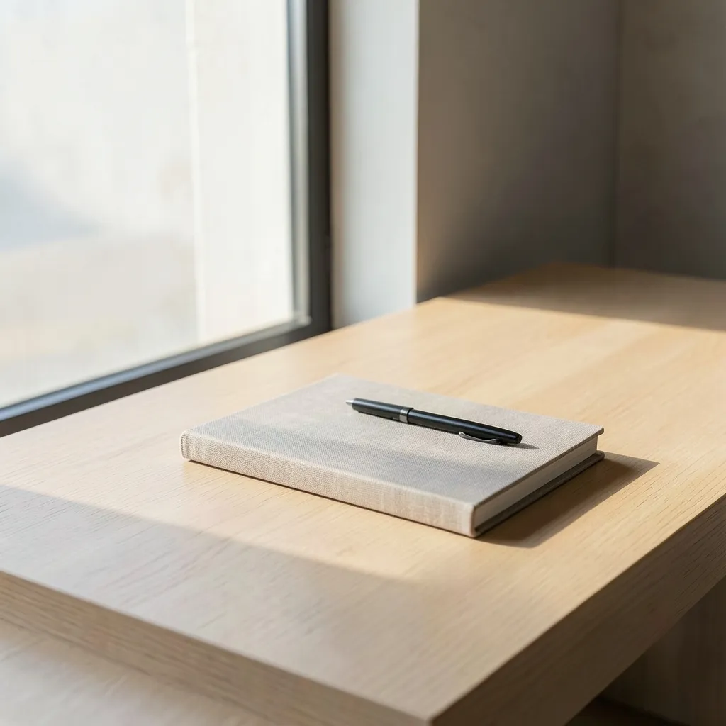 Virgo Moon Productivity Hack: Clear Your Space Organized desk with a single notebook, a pen — Clean your desk, clear your mind