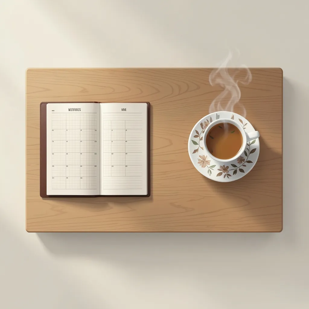 कन्या राशि में चंद्रमा और कार्यकुशलता | Productivity Tips Clean wooden desk with an open planner, a steaming cup of chai — कन्या राशि में चंद्रमा और आपकी कार्यकुशलता