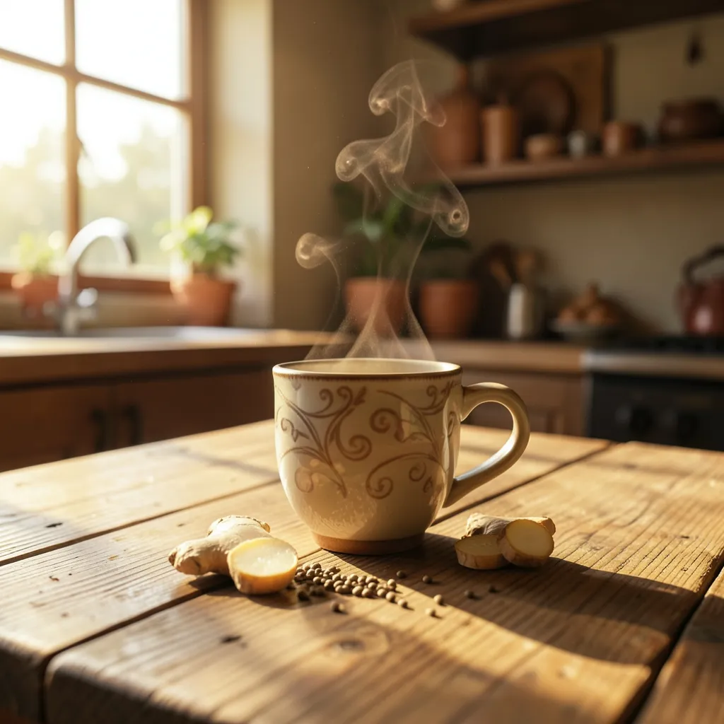 Grounding Tips for the Moon in Mula Nakshatra Warm morning sunlight falling on a rustic wooden table with a steaming ceramic mug — Staying Grounded with the Moon in Mula