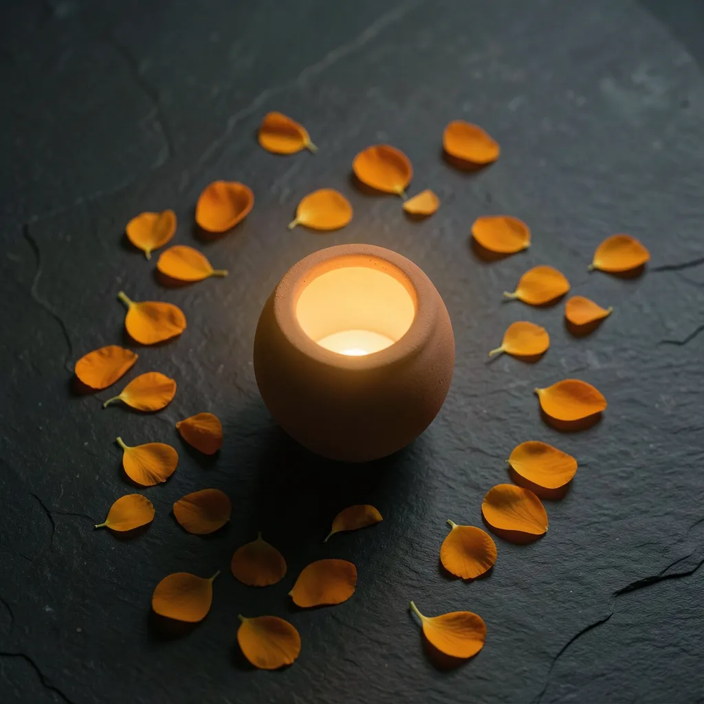 Navratri Energy and the Power of Nine in Vedic Astrology Single lit clay lamp, loose marigold petals on dark stone — Navratri Preparation and the Power of Nine