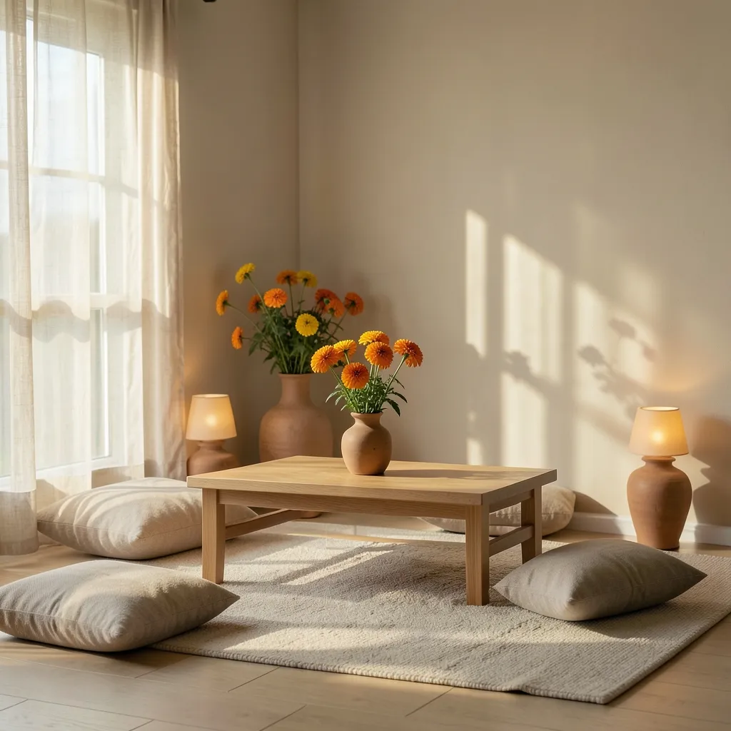 Navratri Venus in Virgo: Finding Relationship Harmony Sunlit room decorated with fresh marigold flowers and flickering earthen lamps — Feeling the Harmony of Navratri