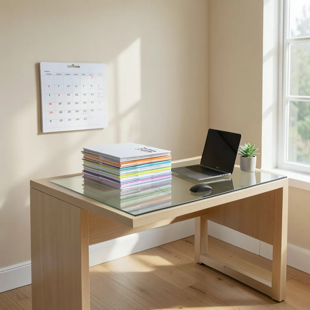 Navratri Planning: Consolidate Efforts, Reset Productivity Serene, organized workspace with a calendar and a stack of clean — Planning for Navratri: A Logical Approach