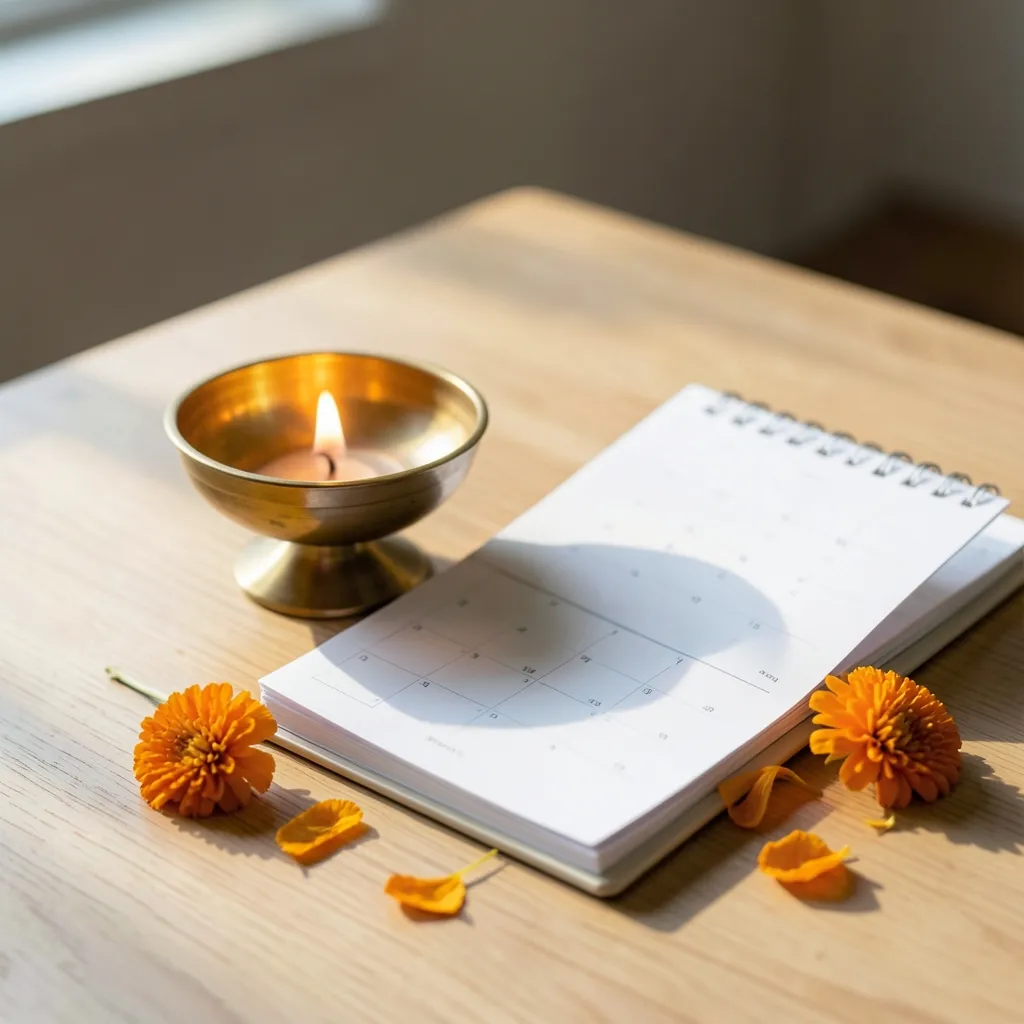 Sharad Navratri 2026: The Ultimate Routine Reset Minimalist spiritual flatlay with a glowing brass diya lamp, a clean calendar planner — Gearing up for Sharad Navratri