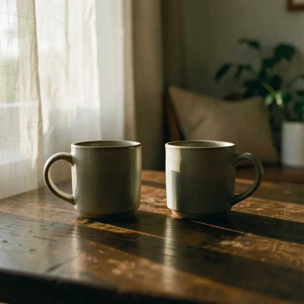 Nurturing Love Under a Gentle Moon: Pushya and Venus in Libra Moody cinematic photo of two ceramic mugs sitting on a wooden table — Nurturing Love Under a Gentle Moon
