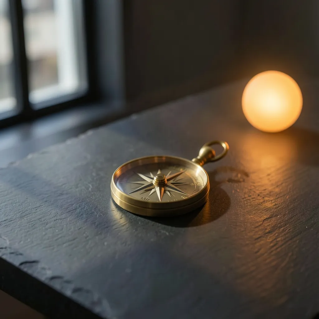 Own Your Authority: Sun in Magha Transit Strategy Cinematic flat lay of a sleek brass compass resting on dark slate next — Own the Day: Strategy for August 18, 2026