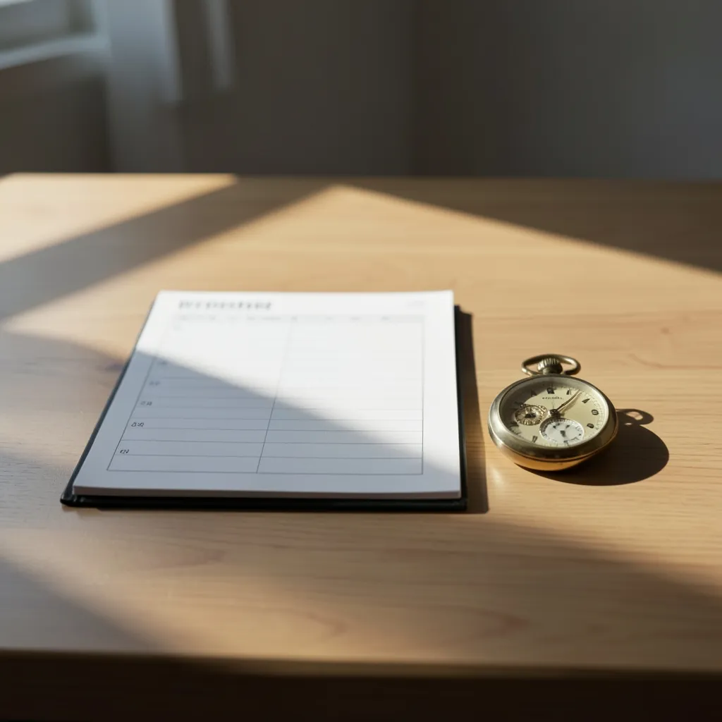 Practical Timing for the Week Ahead Minimalist flat lay of a clean wooden desk with a planner, a brass pocket watch — Practical Timing for the Week Ahead