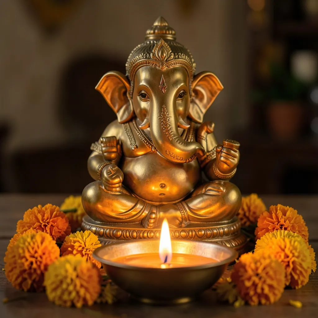 Preparing for Ganesh Chaturthi 2026: Pushya Nakshatra Timing Brass Ganesha idol softly lit by a single diya flame, marigold flowers scattered around — Getting ready for Ganesh Chaturthi