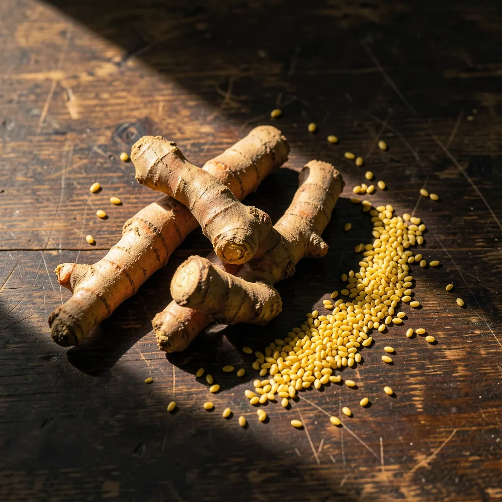 How to Use Jupiter in Pushya for Career Growth Cinematic flat lay of raw turmeric roots and yellow grains on a dark rustic wooden — Stop Letting Pushya Jupiter Go to Waste