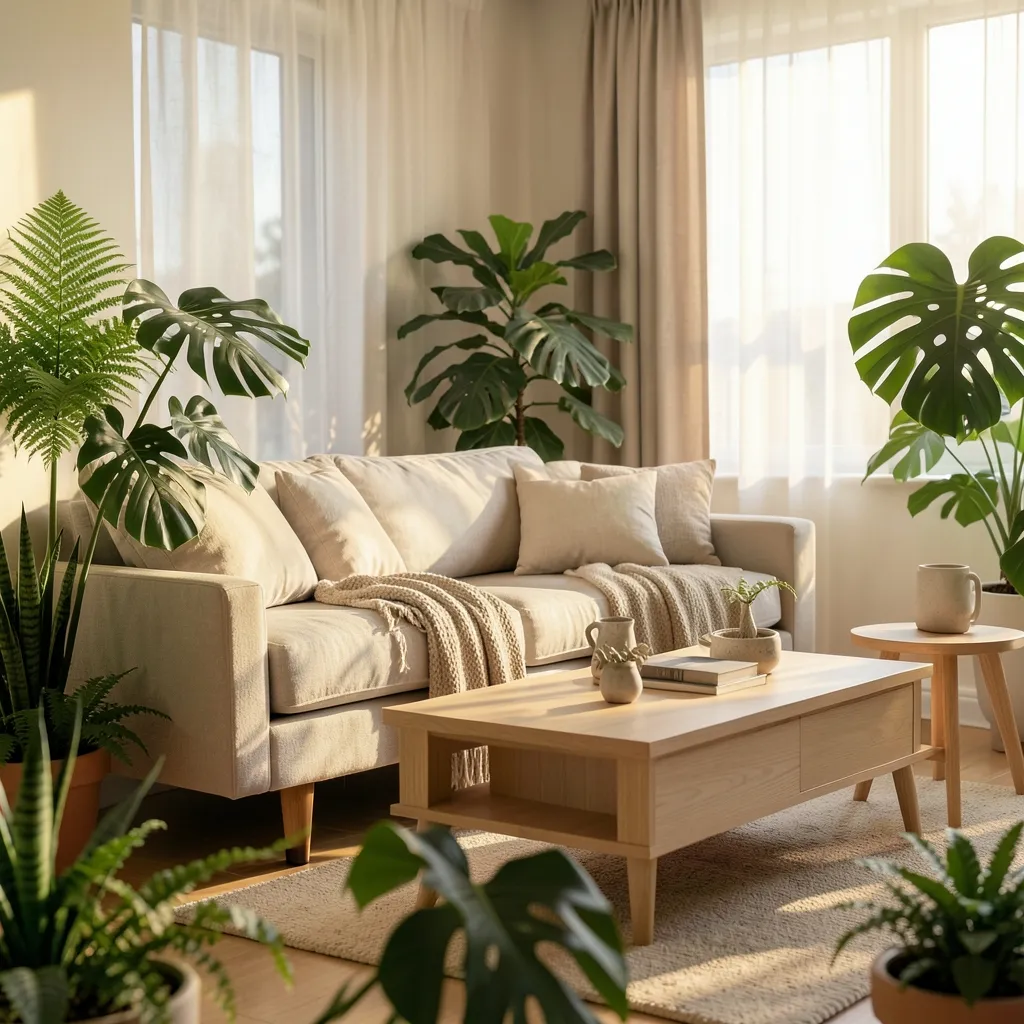 Finding Calm in Pushya: Sun & Jupiter Transit Warm morning sunlight filtering through a calm living room filled with lush green houseplants — Finding Calm in Pushya