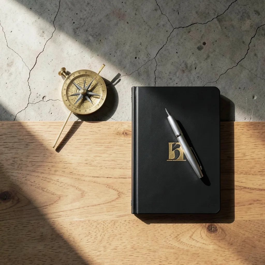 Why Pushya Nakshatra Is the Secret to Career Growth Cinematic flat lay of a modern desk with a brass compass, sleek notebook — Strategy Meets Spirituality: Why Pushya Matters