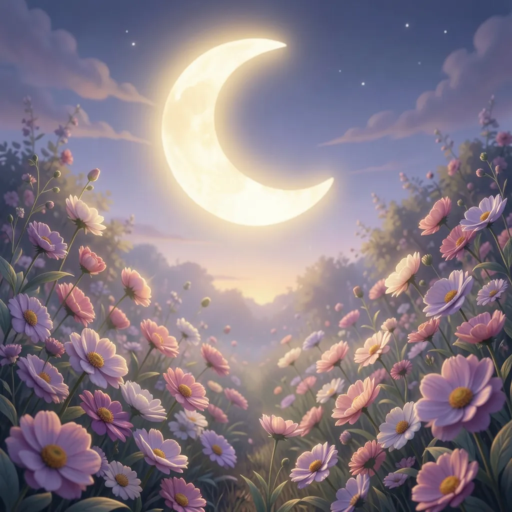 Rohini Moon Energy: Harnessing Love and Radiance Serene, ethereal illustration of a glowing crescent moon resting above a lush — A Day for Radiance and Heartfelt Connection
