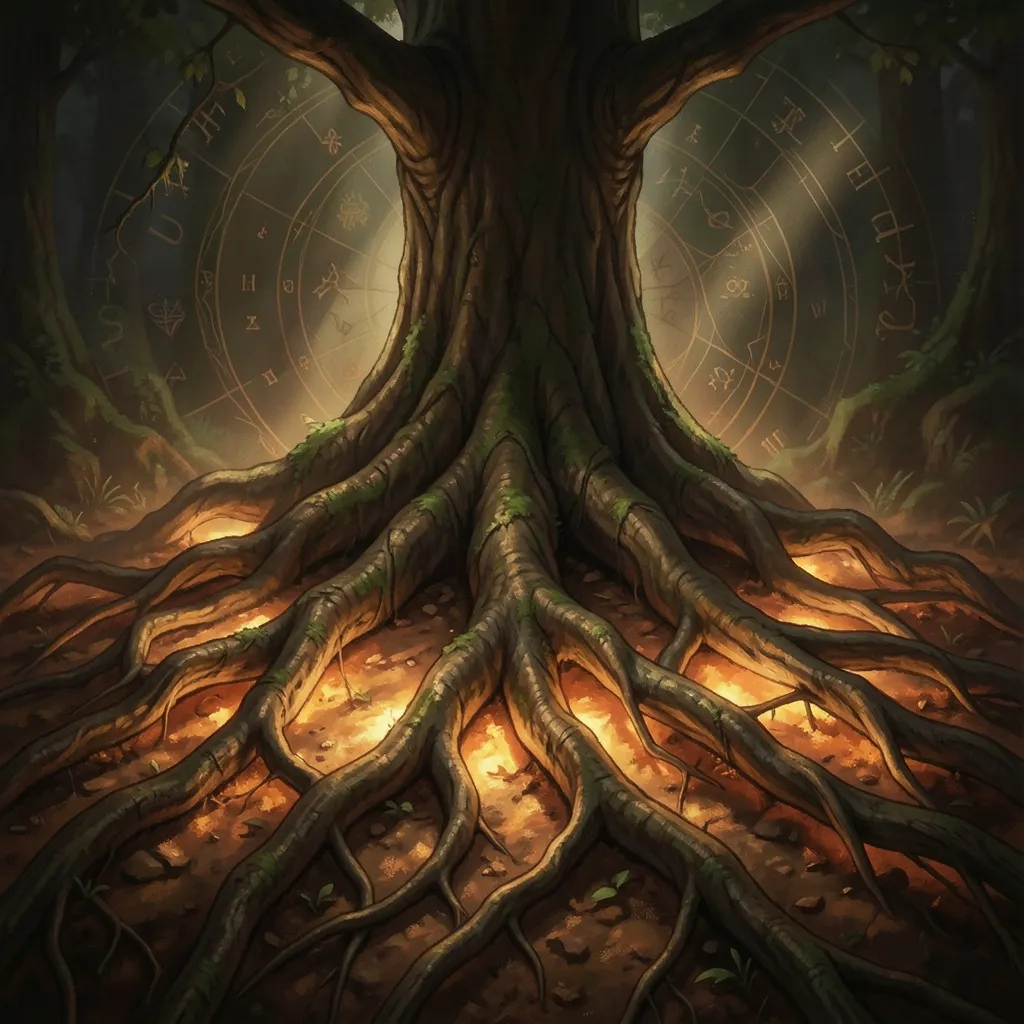 Roots and Shadows: Navigating the Magha Transit Ancient tree roots buried deep in glowing soil, warm golden light filtering through shadows — Roots and shadows in Magha