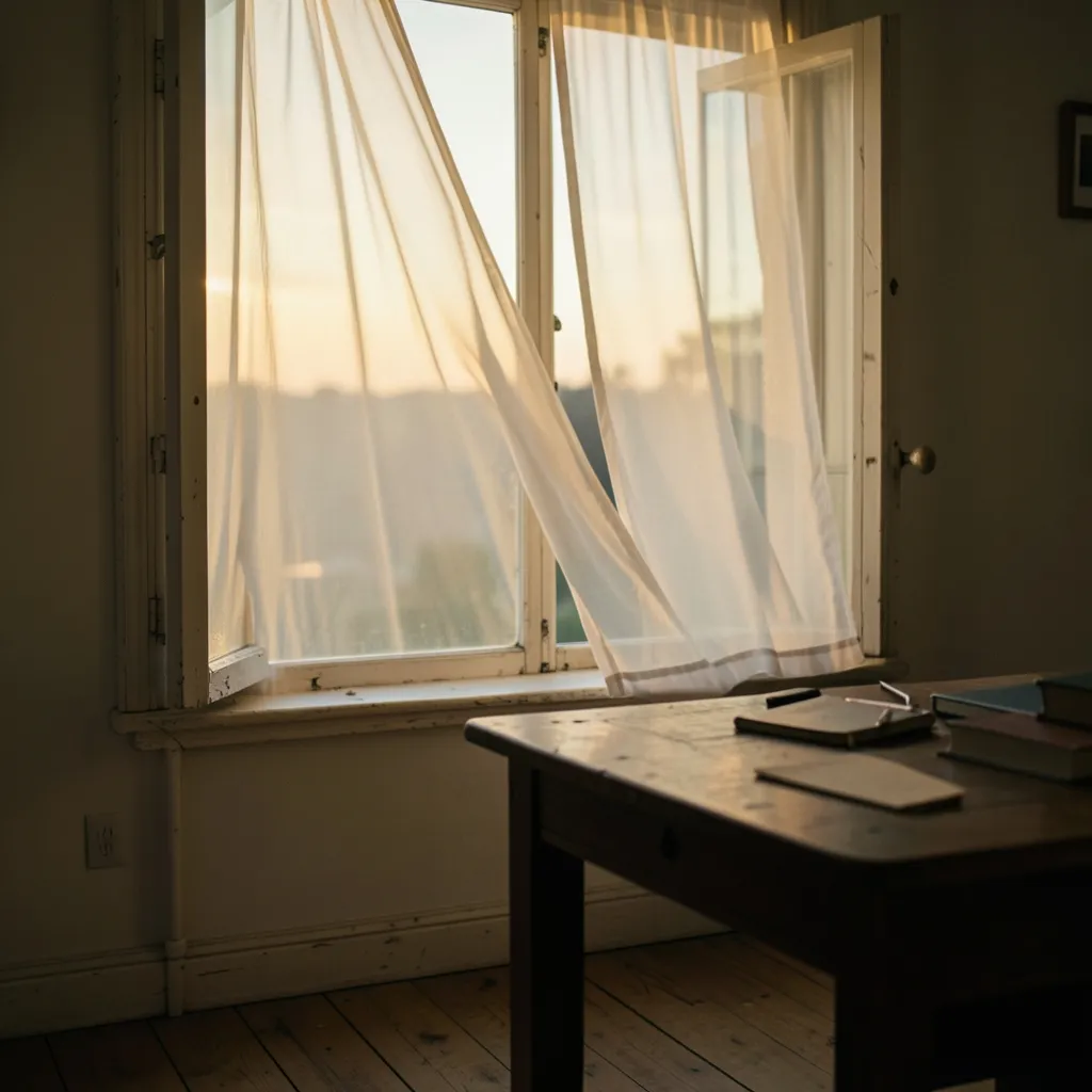 Working with Sagittarius Moon Energy Cinematic 1:1 wide shot of an open window at dusk with a warm breeze blowing sheer white — Feeling the Sag Moon fire?