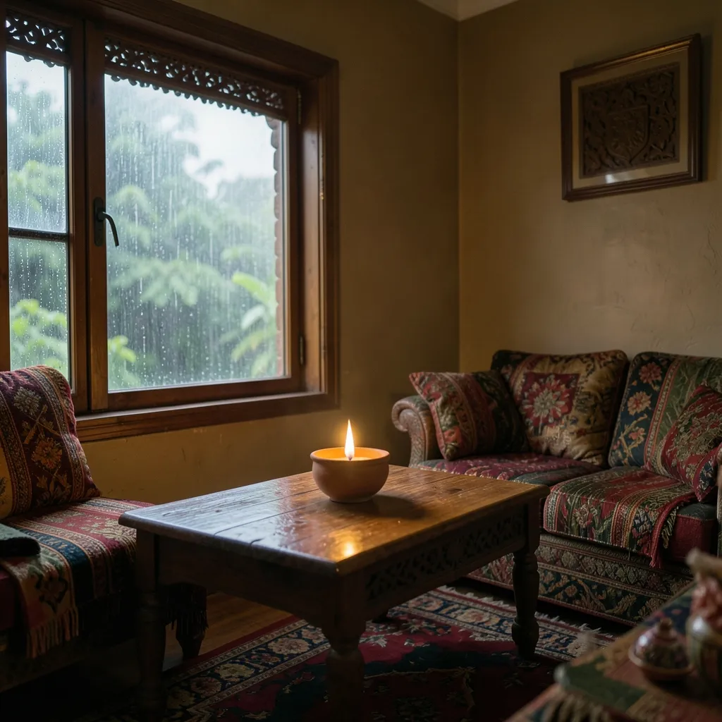 सावन की शुरुआत: परिवार और मन की शांति | Sawan 2026 Warm cozy Indian home interior during monsoon — सावन की शुरुआत और खुशहाली का समय