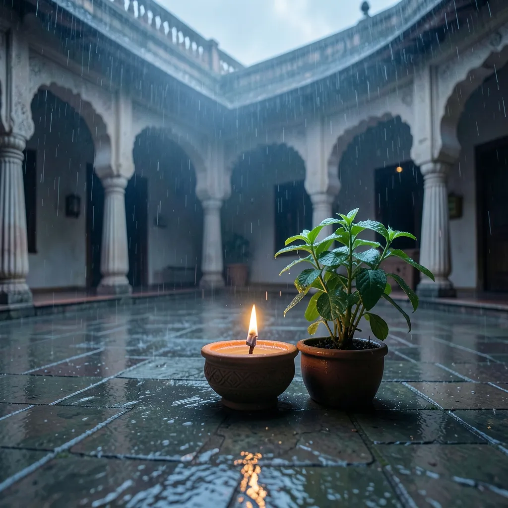 सावन का महत्व और चंद्रमा की शीतलता | वैदिक ज्योतिष Quiet traditional Indian courtyard during monsoon rain — सावन का महत्व और चंद्रमा की शीतलता