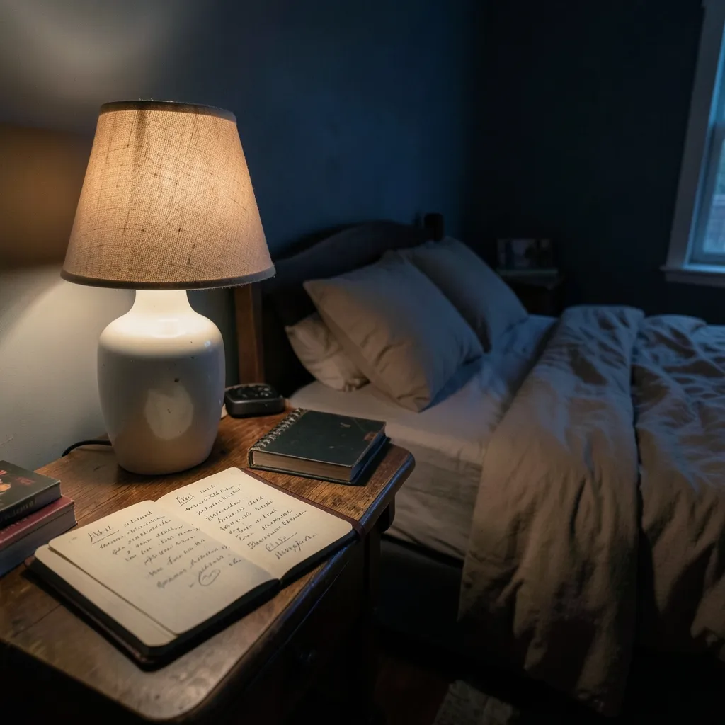 Surviving the Scorpio Moon Intensity & Sleep Hacks Moody dark room lit by a single bedside lamp, an open notebook with messy handwriting — Feeling the Scorpio Moon intensity