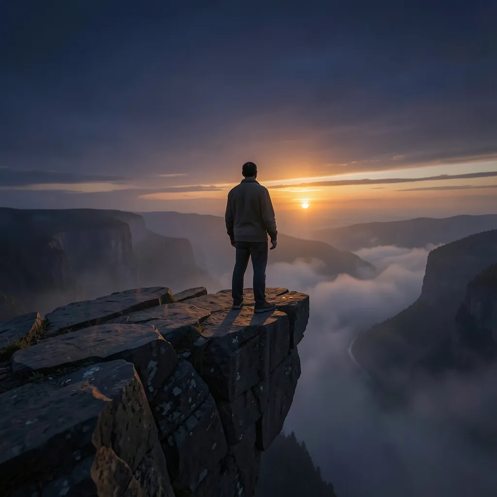 The Shadow We Cannot Outrun: Karmic Astrology Today Person standing at a precipice at twilight, deep indigo and warm amber lighting — The shadow we can't outrun