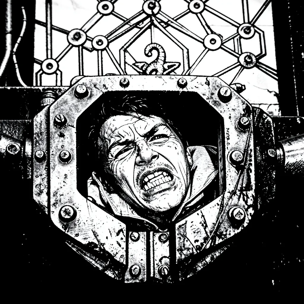 The shadow we can't escape Stark, black-and-white illustration of a person trapped in a vice — The shadow we can't escape
