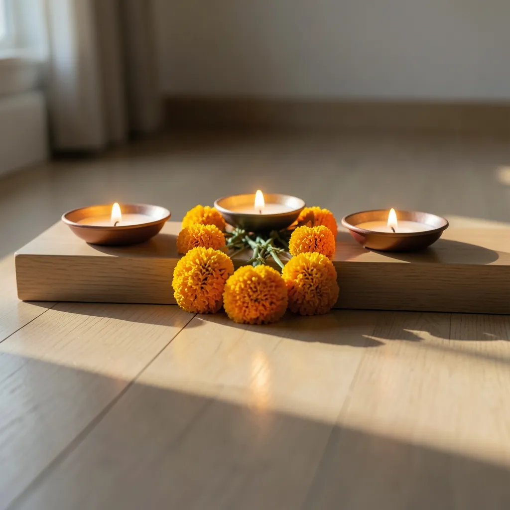 Sharad Navratri 2026: Astrological Prep and Timing Minimalist spiritual altar setup with glowing diyas, fresh marigold flowers — Sharad Navratri Preparations