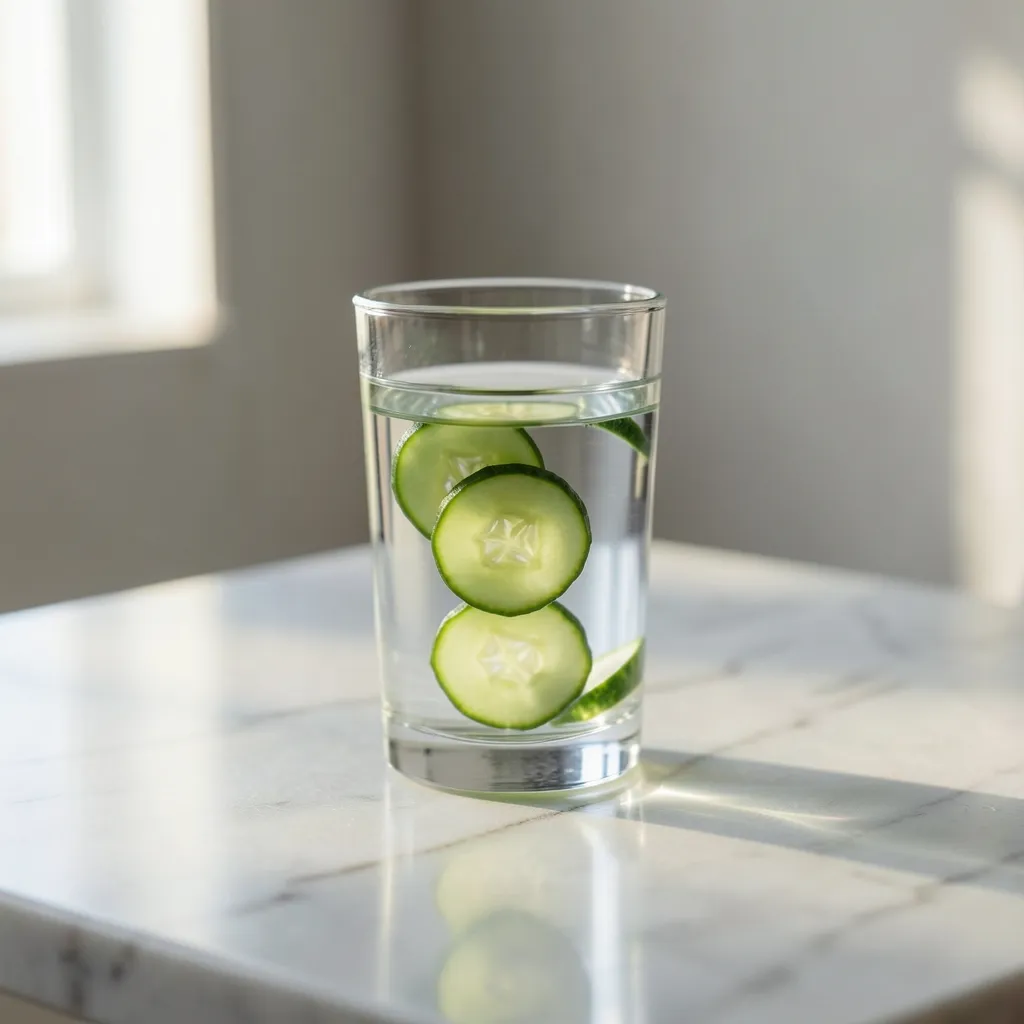 How to Stay Sharp During Summer Heat Glass of water with fresh cucumber slices on a marble desk, soft natural morning sunlight — Sharpen Your Edge in Summer