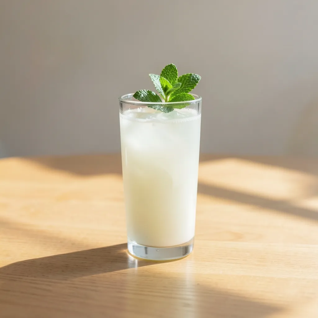 How to Beat August Burnout Using Ayurveda Tall glass of coconut water with fresh mint on a warm sunlit wooden table — Sharpen Your Focus: The August Strategy