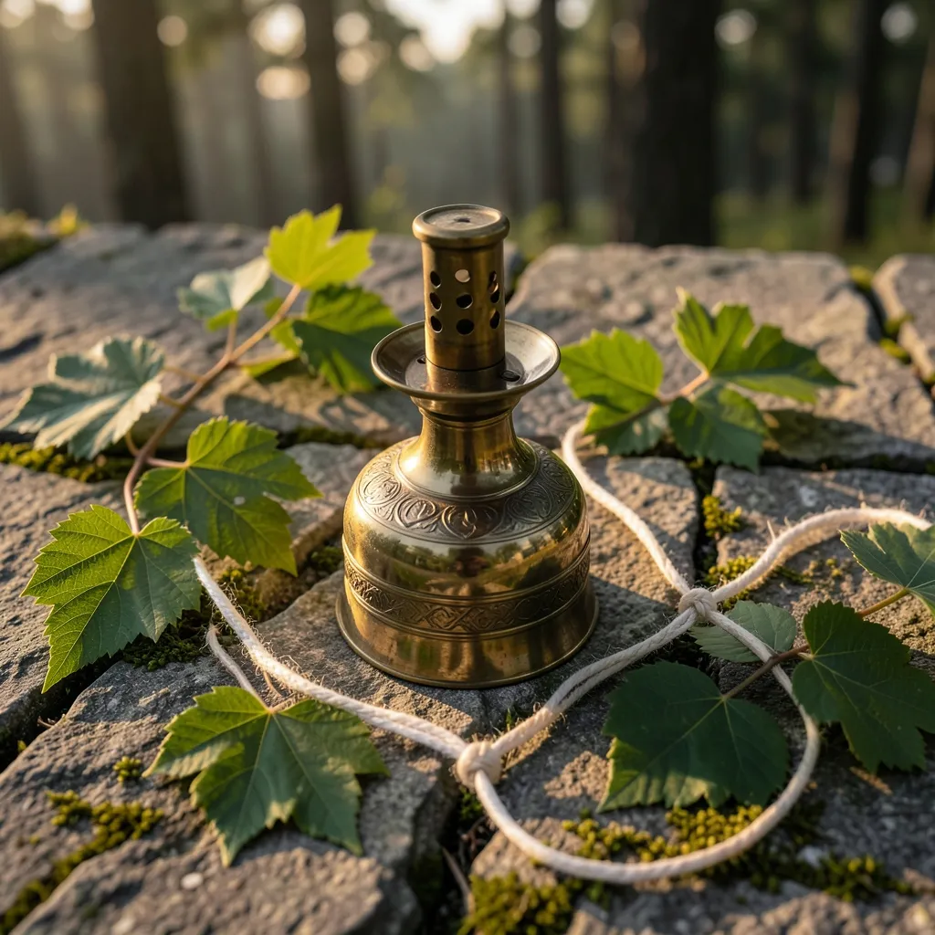 Finding Stillness as Shravan Purnima Approaches Cinematic flat lay of a brass oil lamp, fresh green leaves — Finding Stillness as Shravan Purnima Approaches