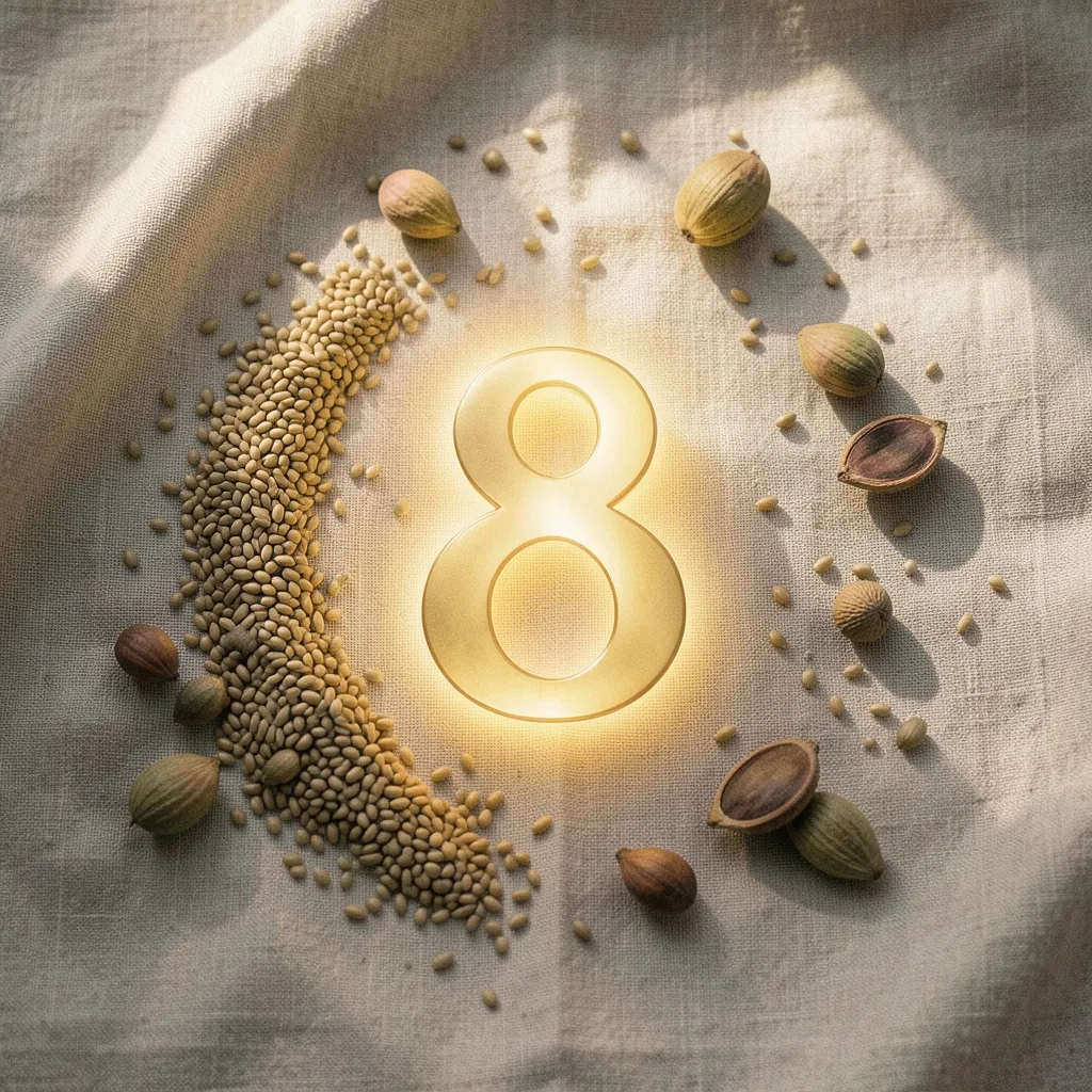 Shravana 2026: The Power of Numerology Number 8 Minimalist spiritual flatlay with a glowing golden number 8, scattered sacred seeds — Upcoming Shravana and the Power of 8