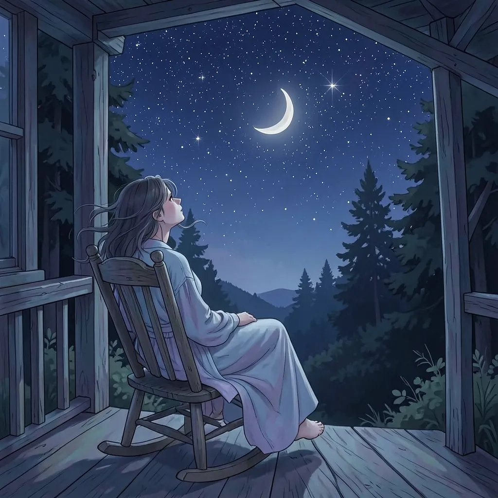 Slowing down when the planets do Serene, calming illustration of a person sitting on a porch, looking at a starry night sky — Slowing down when the planets do