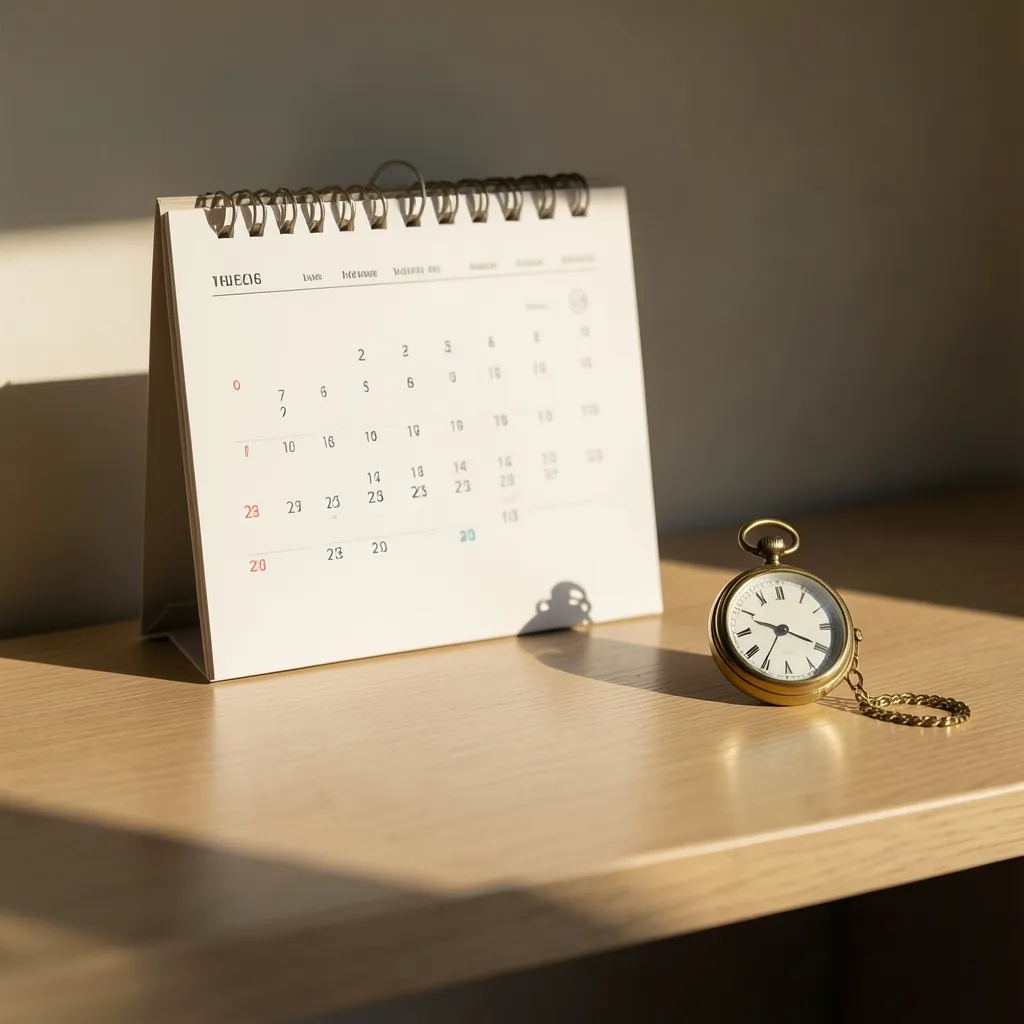 Smart Timing for Your Week Ahead: Rahu Kaal & Muhurat Guide Minimalist flat-lay of a modern desk with a clean wall calendar, a brass pocket watch — Smart Timing for Your Week Ahead