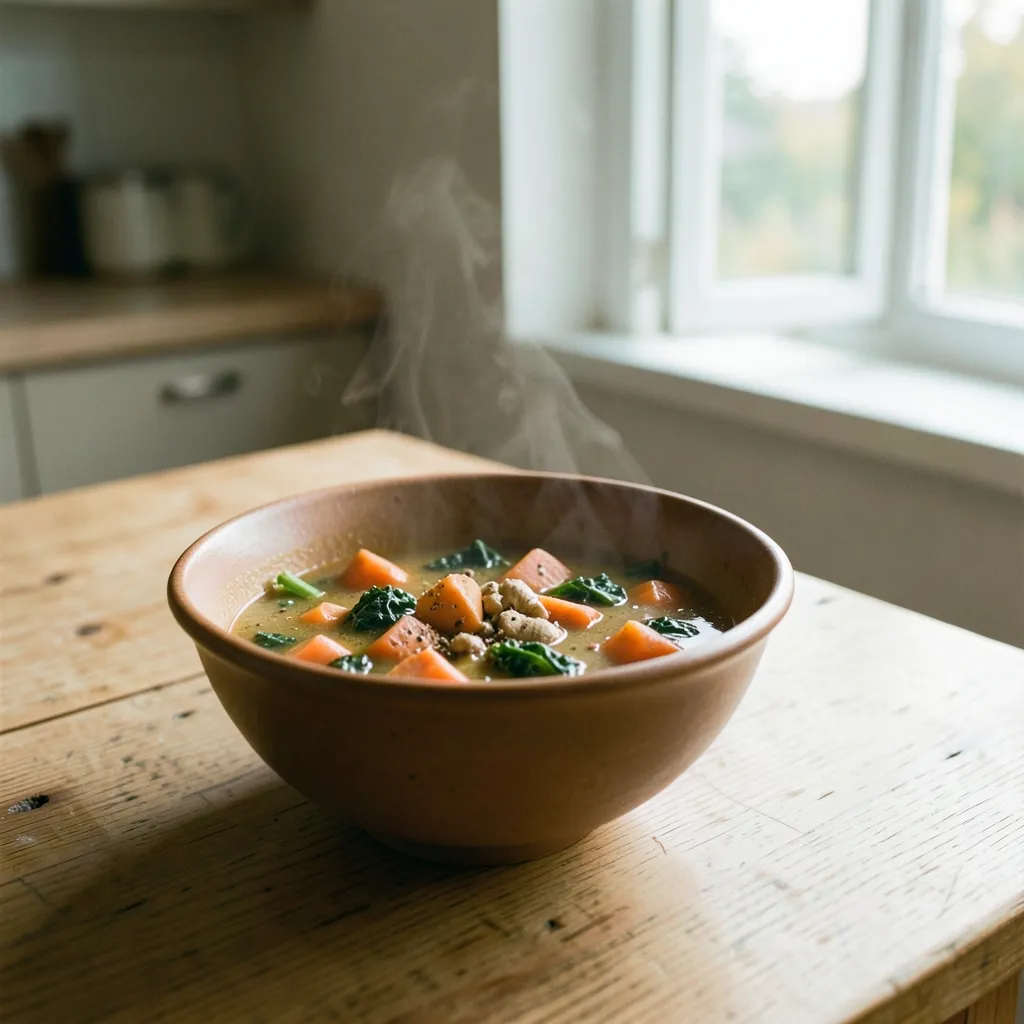Ayurvedic Daily Routine for the September Seasonal Shift Warm ceramic bowl of spiced vegetable soup with ginger and cumin — Staying Balanced as Summer Fades