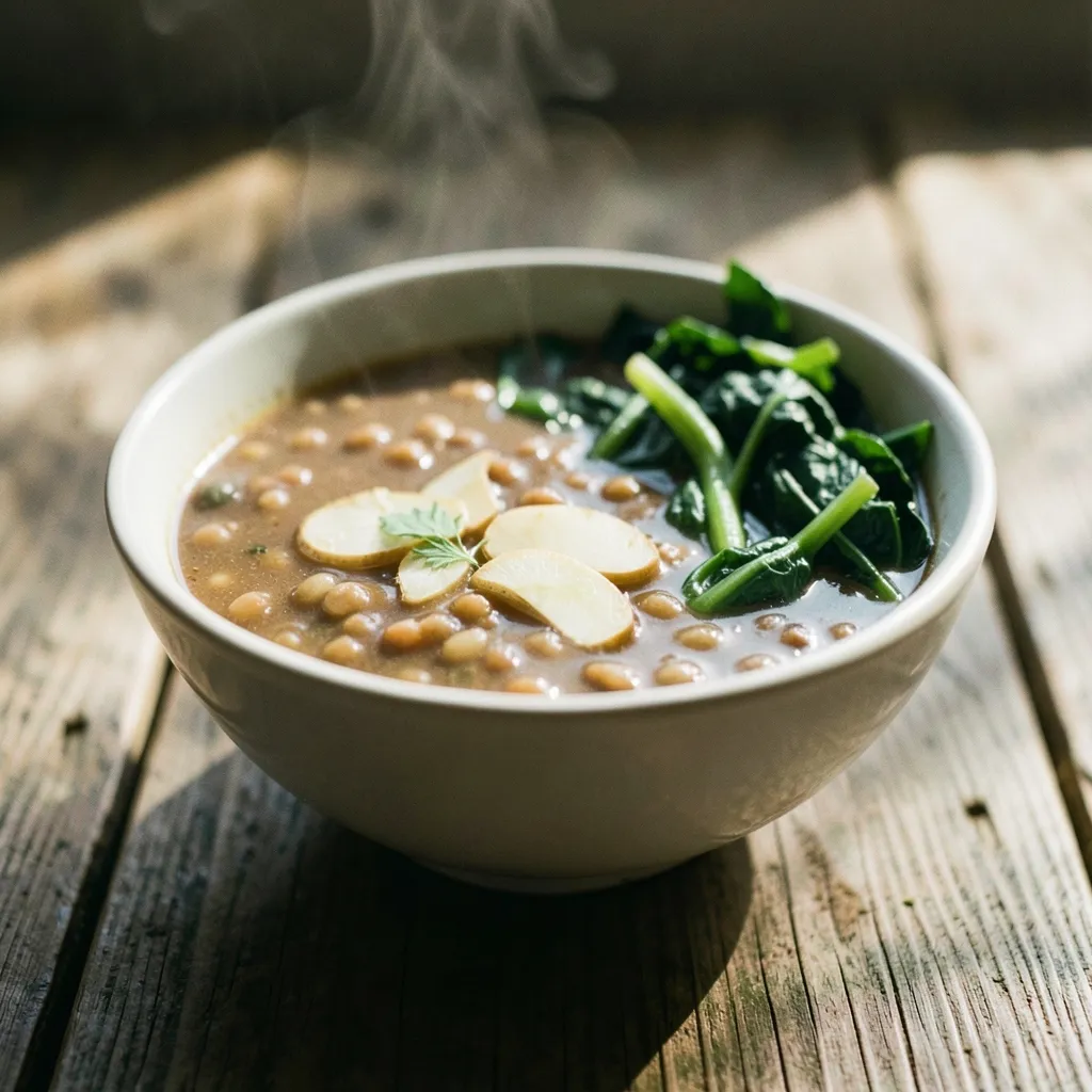 Ayurvedic Routine Tips for the Cancer Sun Shift Warm bowl of lentil soup with fresh ginger and steamed greens on a wooden table — Staying Balanced as the Sun Shifts