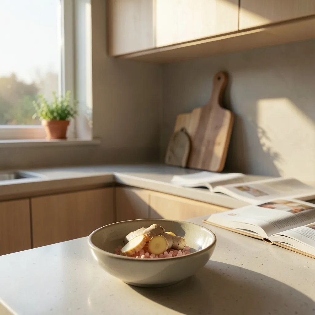 How to Stay Balanced During Cancer Sun Transit Aesthetic kitchen scene featuring a small ceramic bowl with fresh ginger slices — Staying Balanced with the Cancer Sun