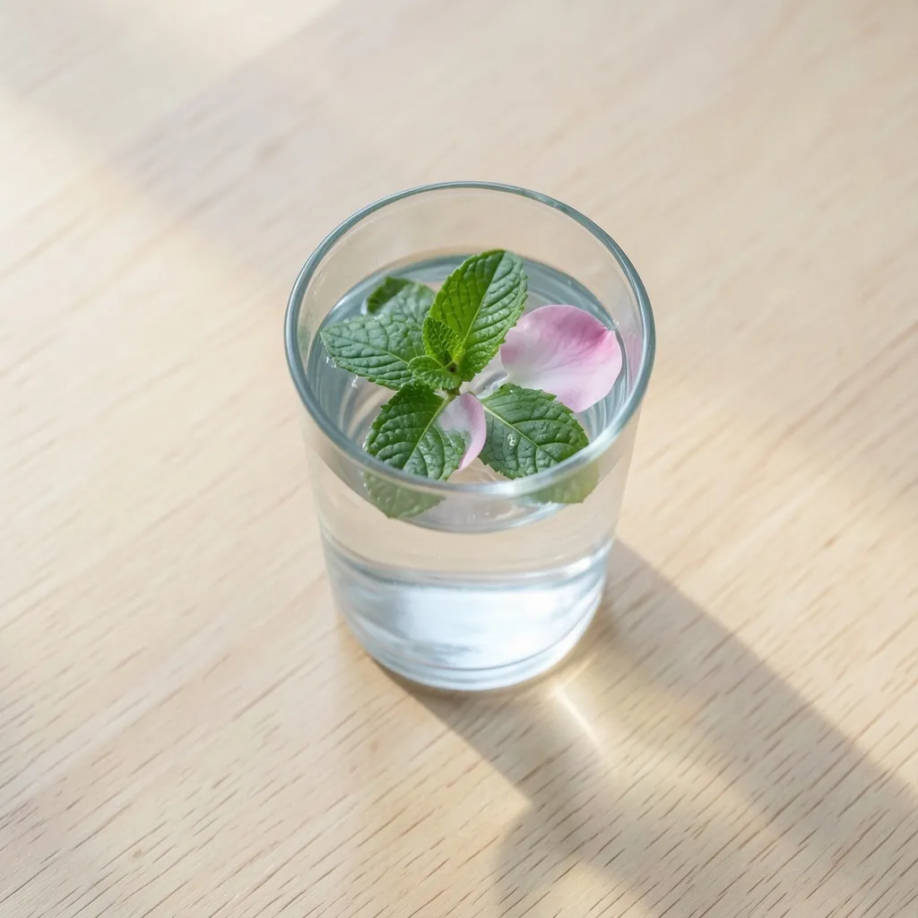 Ayurvedic Pitta Tips to Stay Grounded in August Serene tabletop in soft morning light with a glass of cool water infused with fresh — Staying Grounded Under August Skies