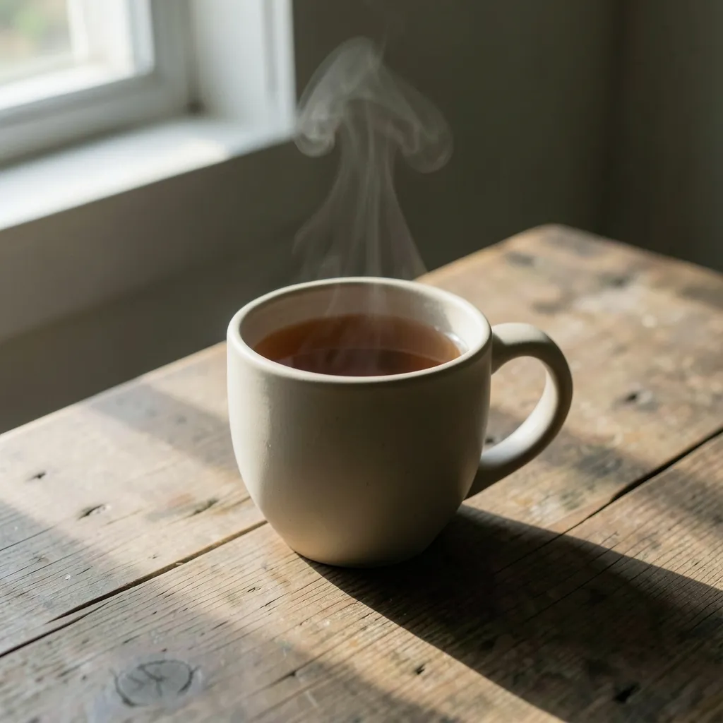 Staying Grounded Under a Cancer Sun: Ayurvedic Tips Ceramic mug of warm ginger tea on a wooden table, soft morning window light — Staying Grounded Under a Cancer Sun