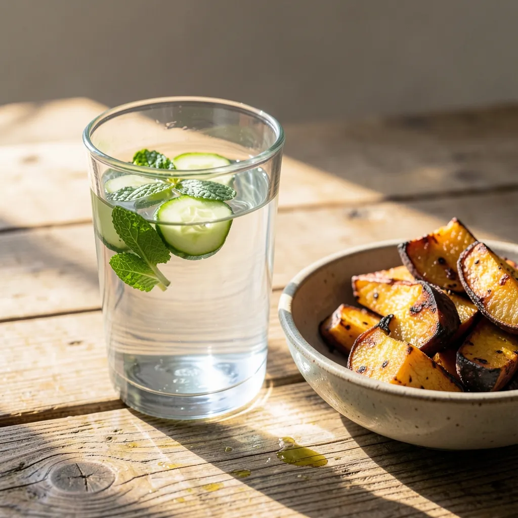 How to stay grounded and cool during July heat Aesthetic flat lay of a glass of room-temperature water with fresh cucumber slices — Staying Grounded Under the July Heat
